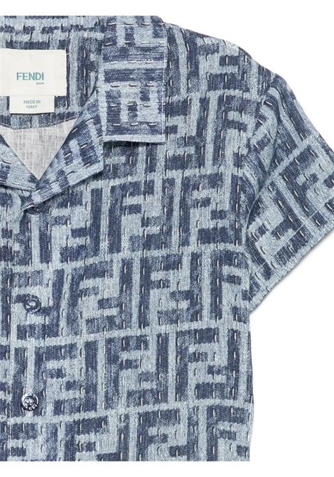 Camicia In Lino Blu Con Logo FF All-Over FENDI KIDS | BMC083-AUK2F1I11